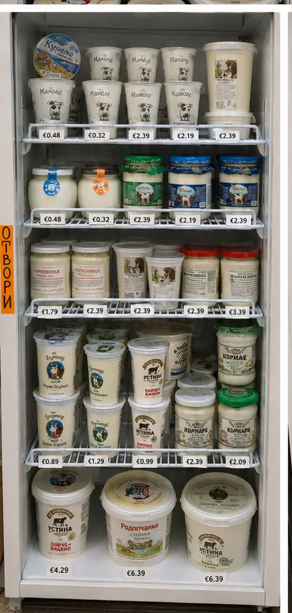 Хладилник с кисело мляко и млечни продукти в кофички